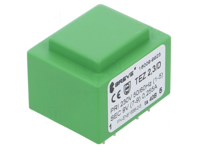 Transformator: ingegoten; 2,3VA; 230VAC; 9V; 256mA; PCB; IP00; TEZ Transformator: ingegoten; 2,3VA; 230VAC; 9V; 256mA; PCB; IP00; TEZ